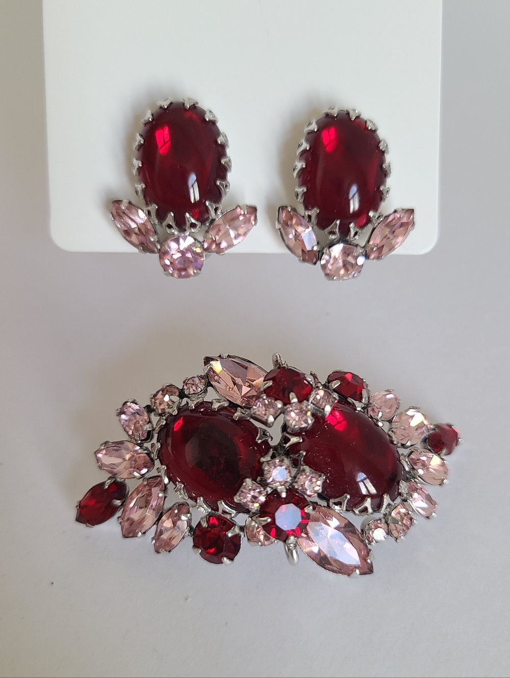 Vintage Signed Sherman Mid Century Silver Pink Red Crystal  Brooch Earrings Set